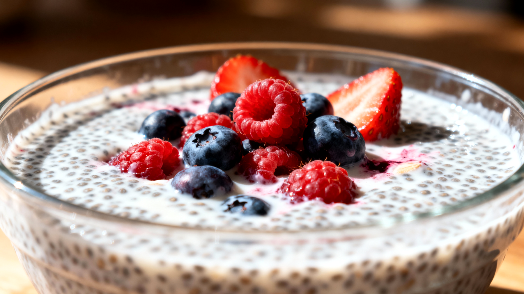 Budino di semi di chia con latte di mandorle e frutti rossi"