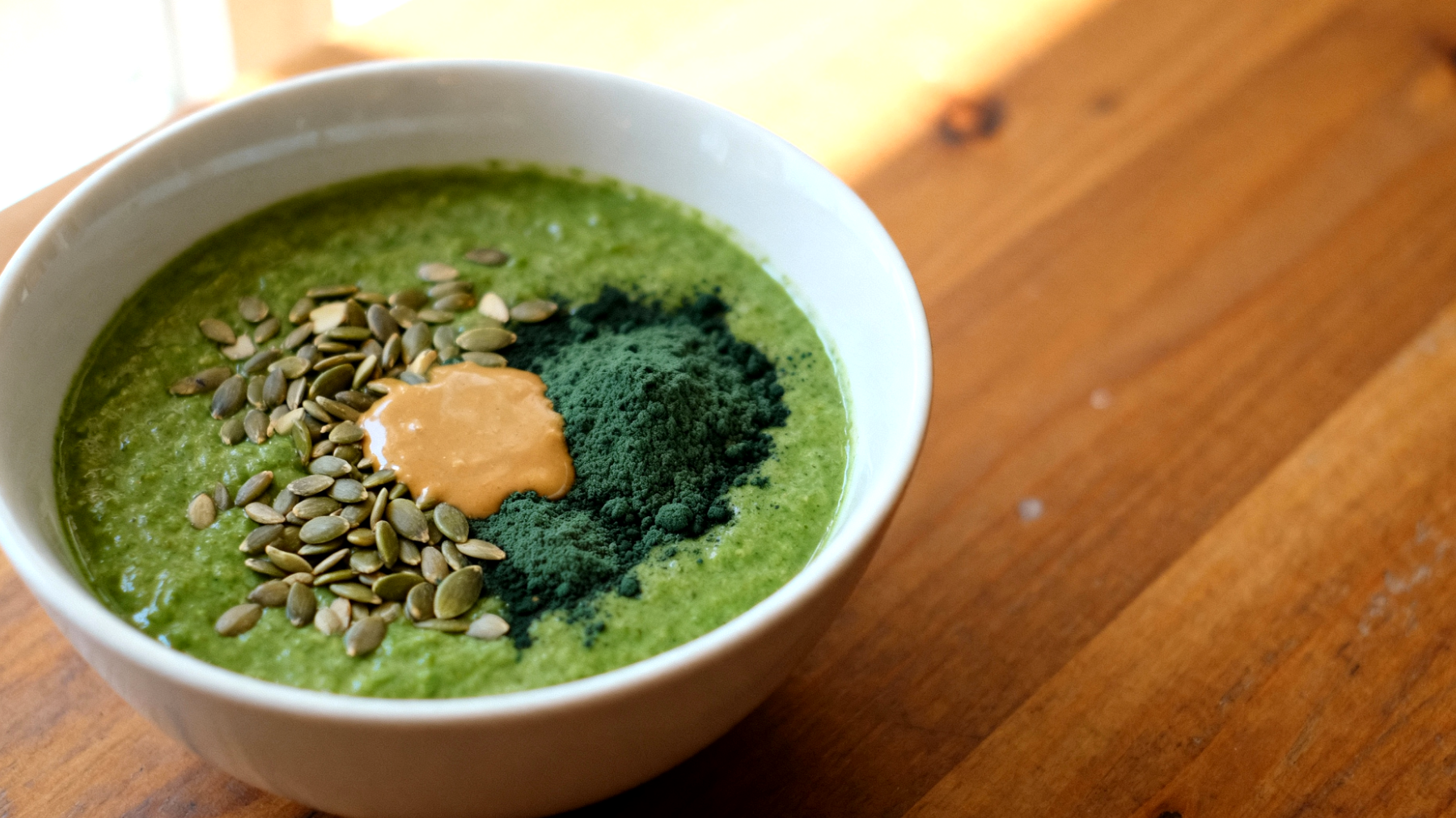 Smoothie bowl con semi di canapa, spirulina e burro di mandorle"